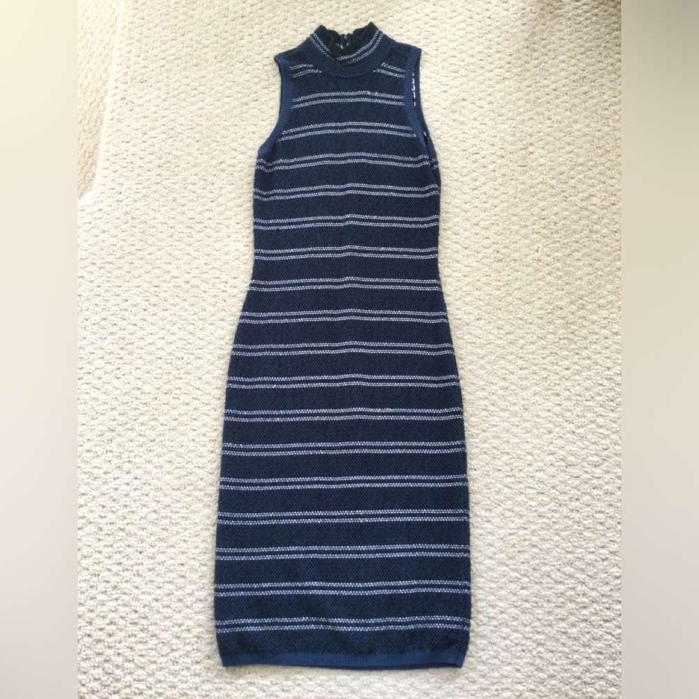 Sleeveless Navy Striped Knit Midi Dress